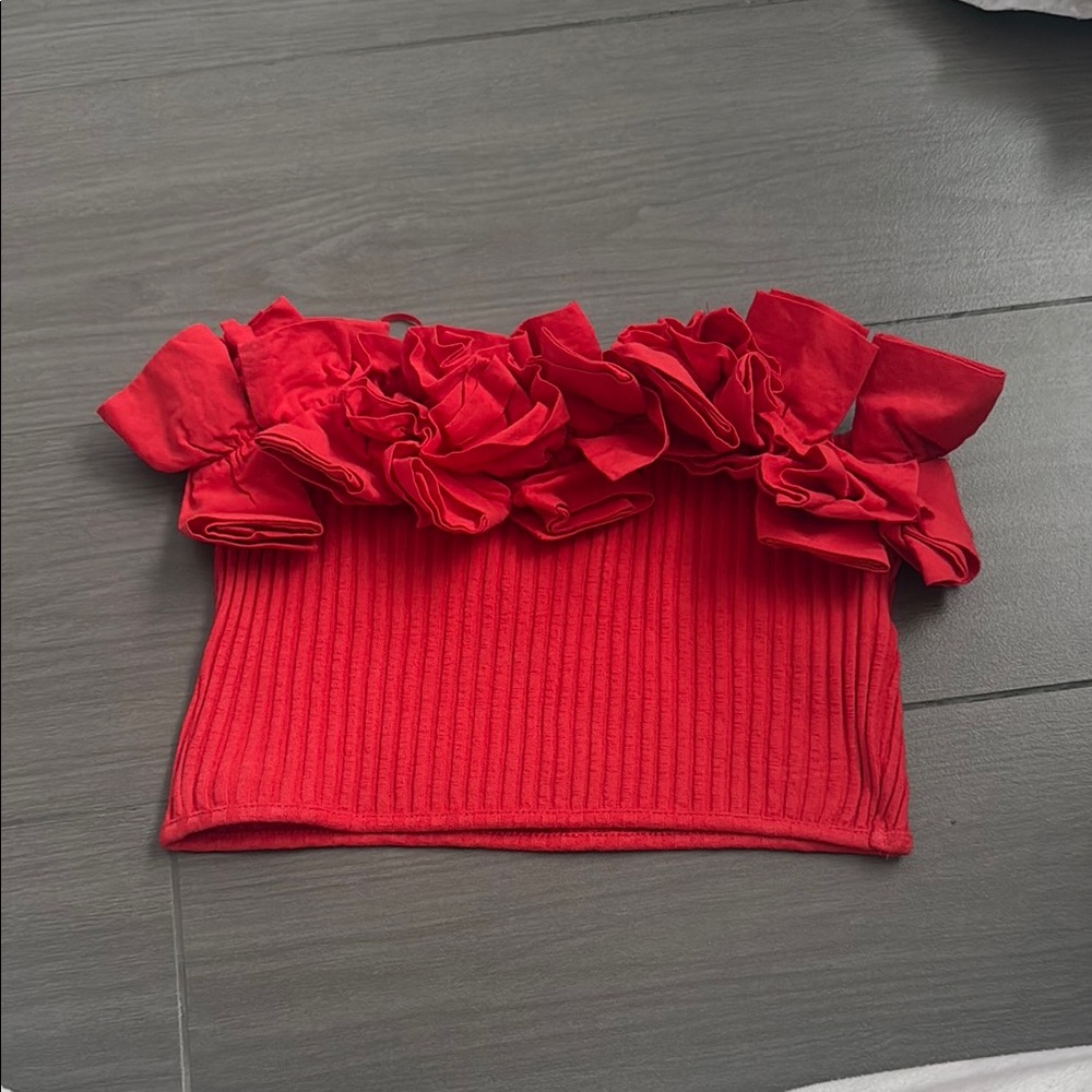 Zara Red Ribbed Ruffled Crop Top